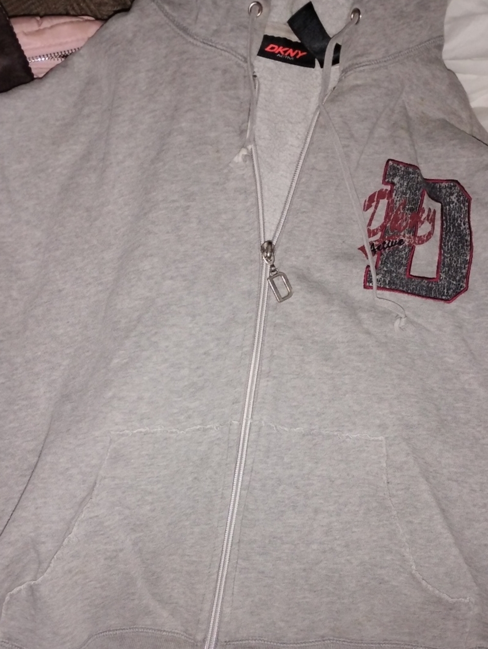 Vintage DKNY Light Gray Full-Zip Hoodie with Red Accent 'D' Patch